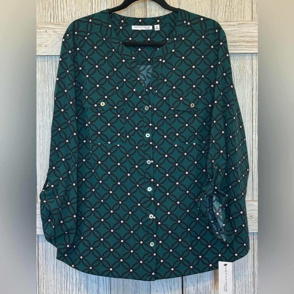 Notations Emerald Green Button Down Shirt with Geometric Pattern Sz 3X NWT